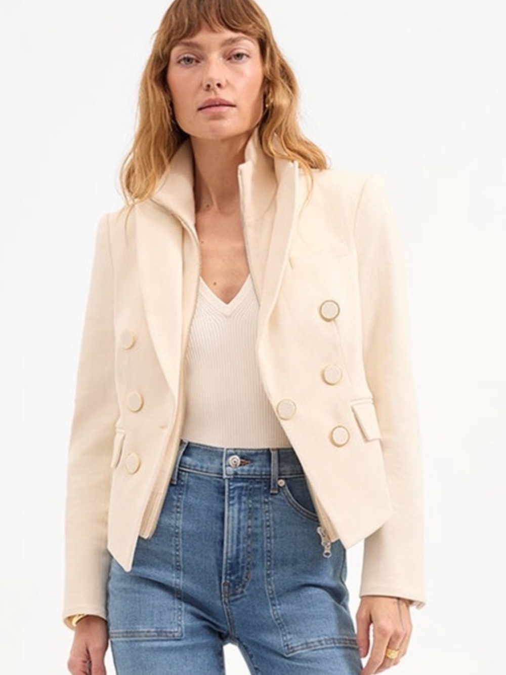 Veronica Beard Cream Diego Double-Breasted Pebble Blazer with Gold Ring Buttons